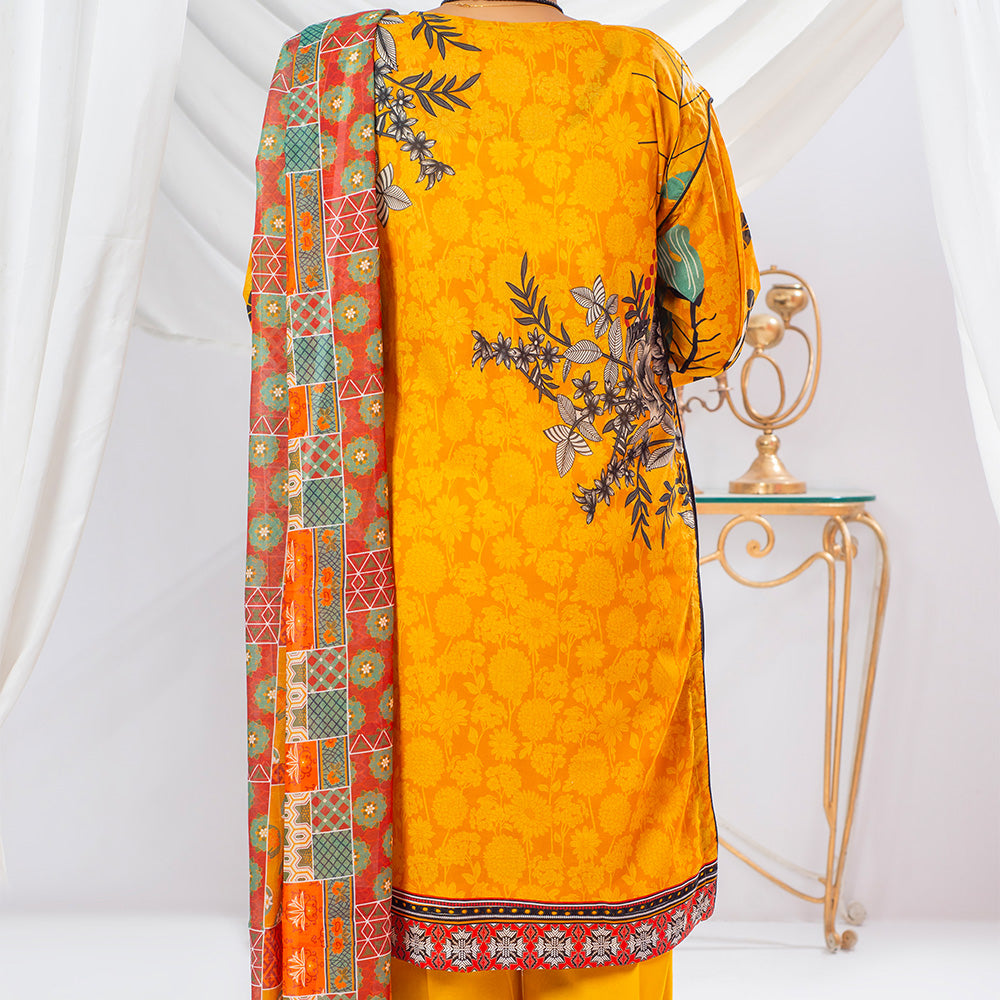 3 Pc Mustard Yellow Printed Lawn Suit for Women with trousers and Dupatta