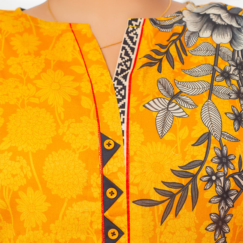 3 Pc Mustard Yellow Printed Lawn Suit for Women with trousers and Dupatta