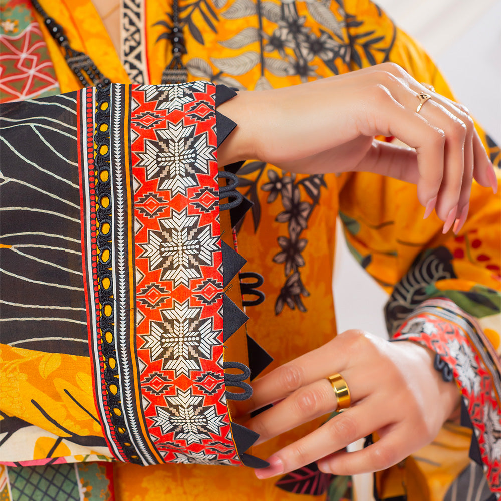 3 Pc Mustard Yellow Printed Lawn Suit for Women with trousers and Dupatta