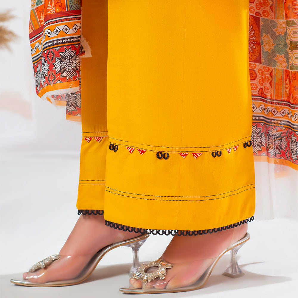 3 Pc Mustard Yellow Printed Lawn Suit for Women with trousers and Dupatta