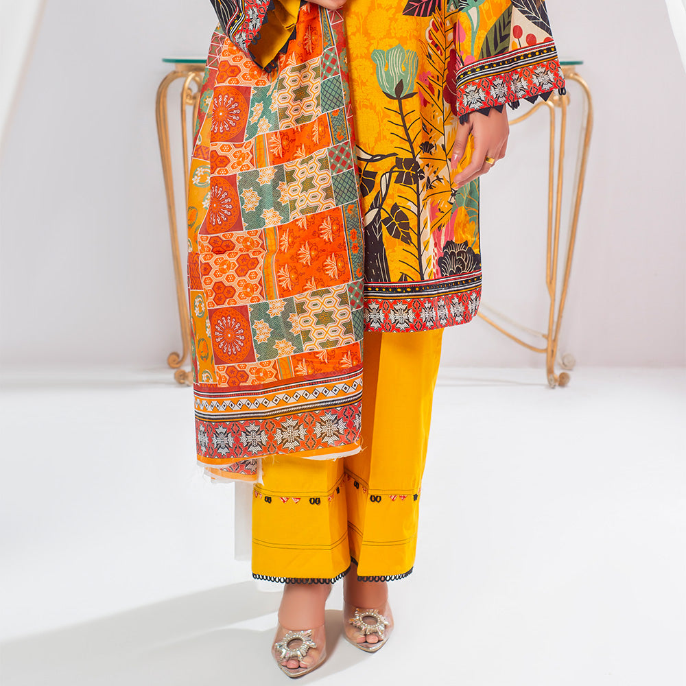 3 Pc Mustard Yellow Printed Lawn Suit for Women with trousers and Dupatta