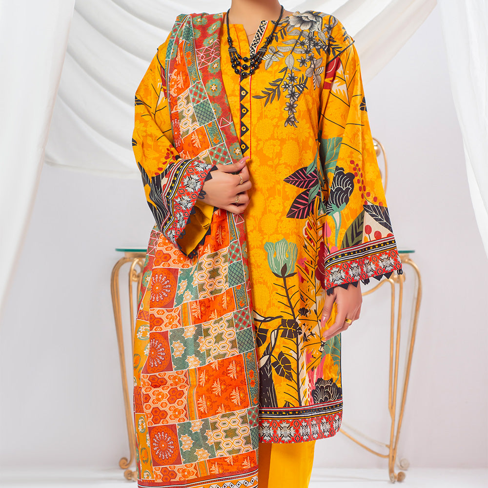 3 Pc Mustard Yellow Printed Lawn Suit for Women with trousers and Dupatta