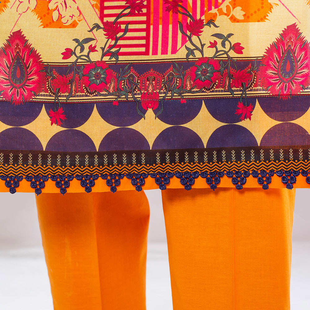3 Pc Rust Orange Printed Lawn Suit for Women with trousers and Dupatta