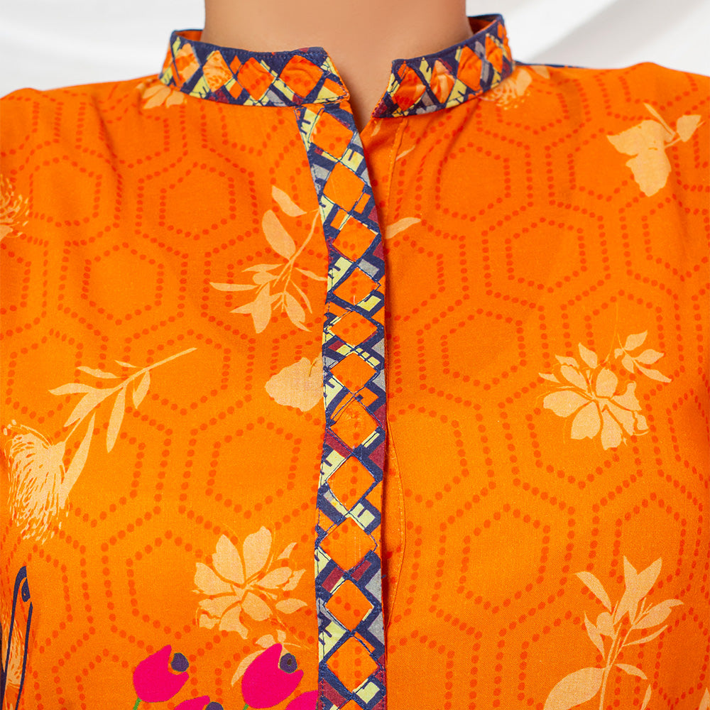 3 Pc Rust Orange Printed Lawn Suit for Women with trousers and Dupatta