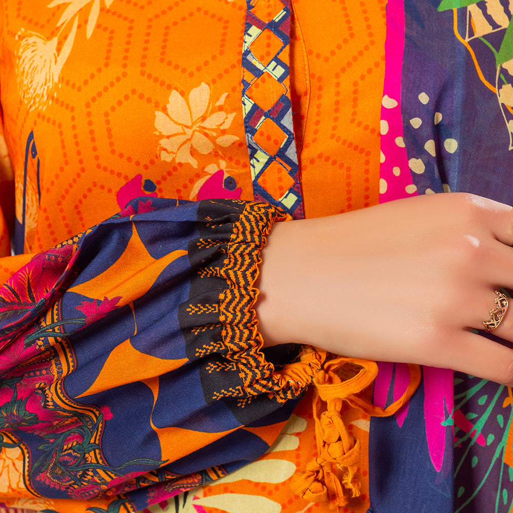 3 Pc Rust Orange Printed Lawn Suit for Women with trousers and Dupatta