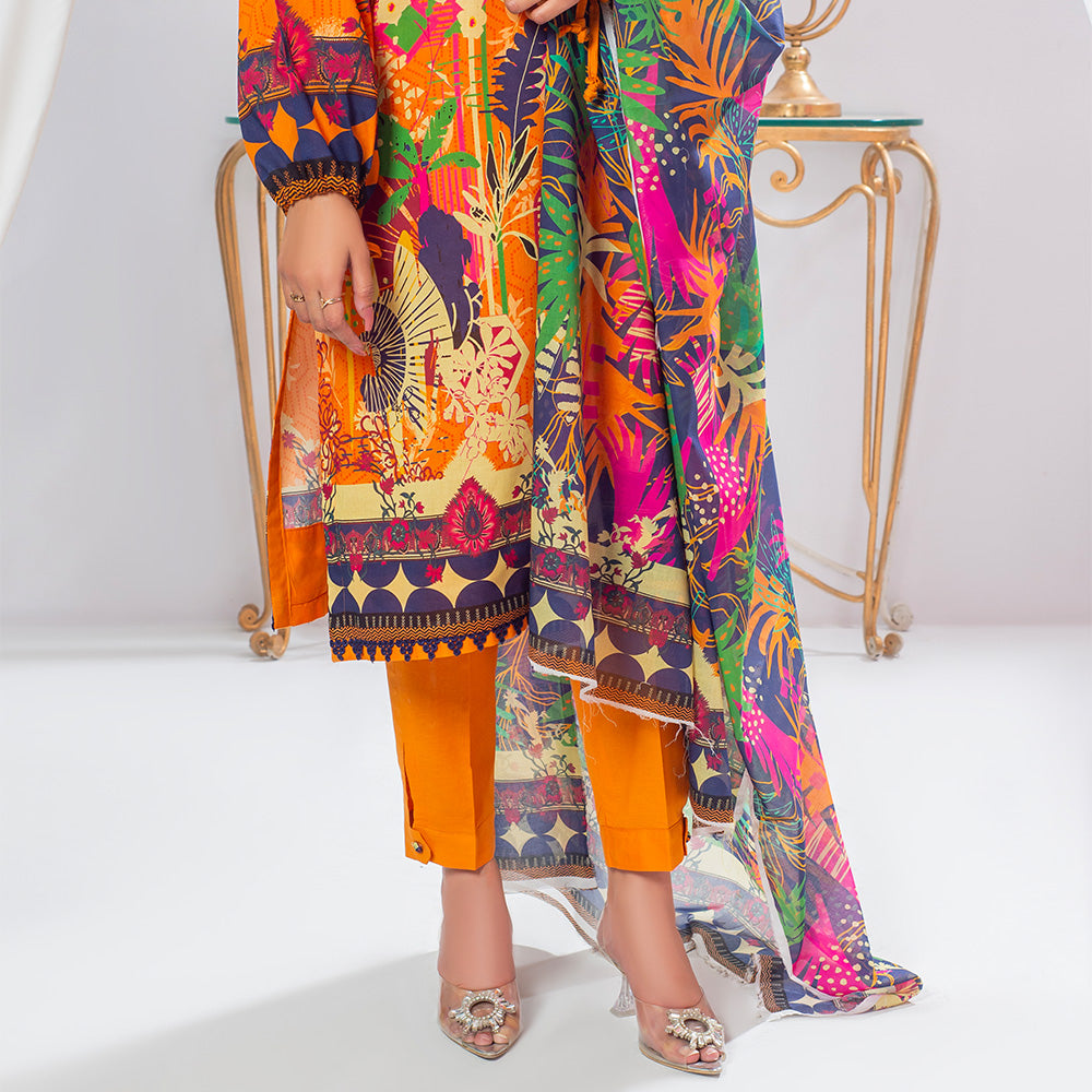 3 Pc Rust Orange Printed Lawn Suit for Women with trousers and Dupatta