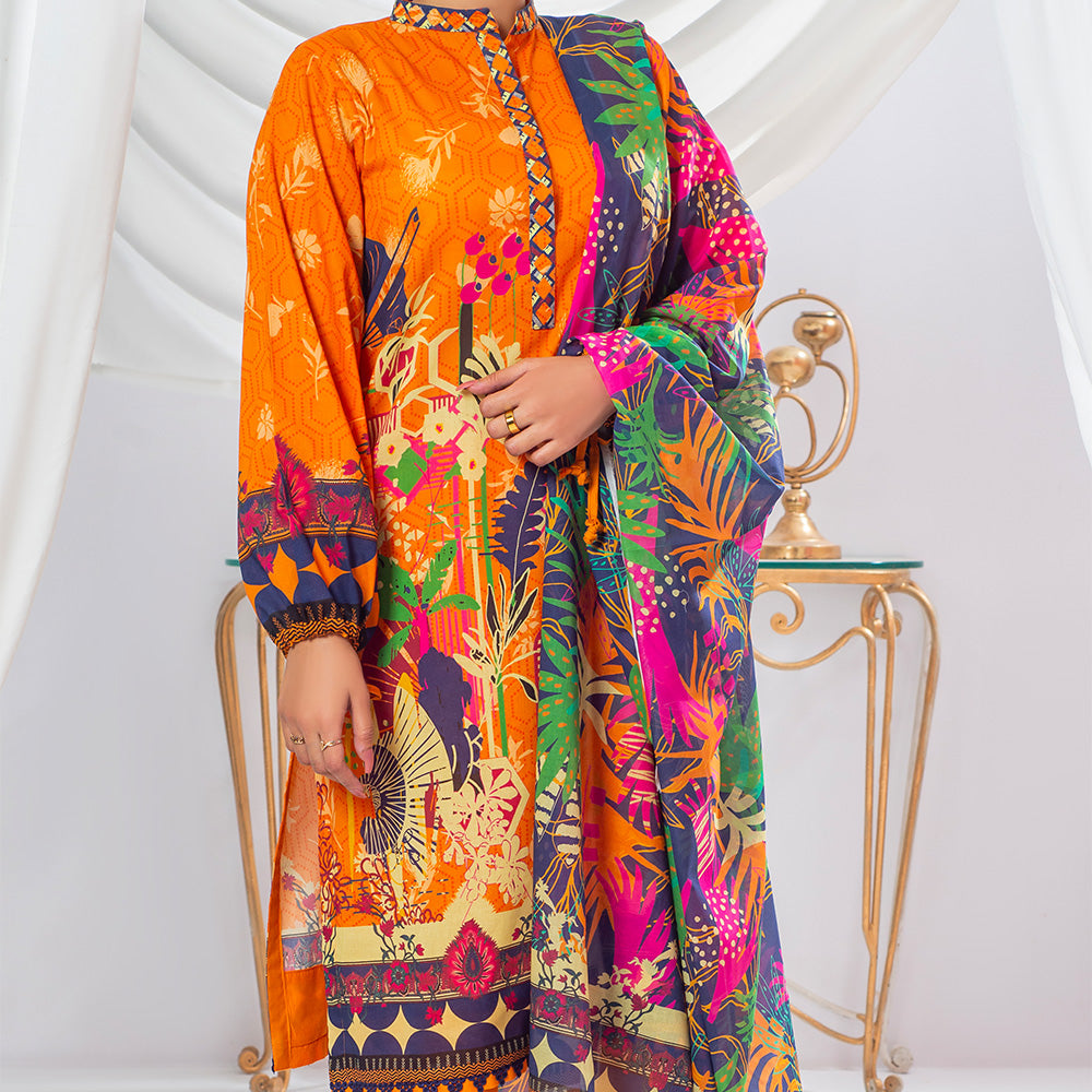 3 Pc Rust Orange Printed Lawn Suit for Women with trousers and Dupatta