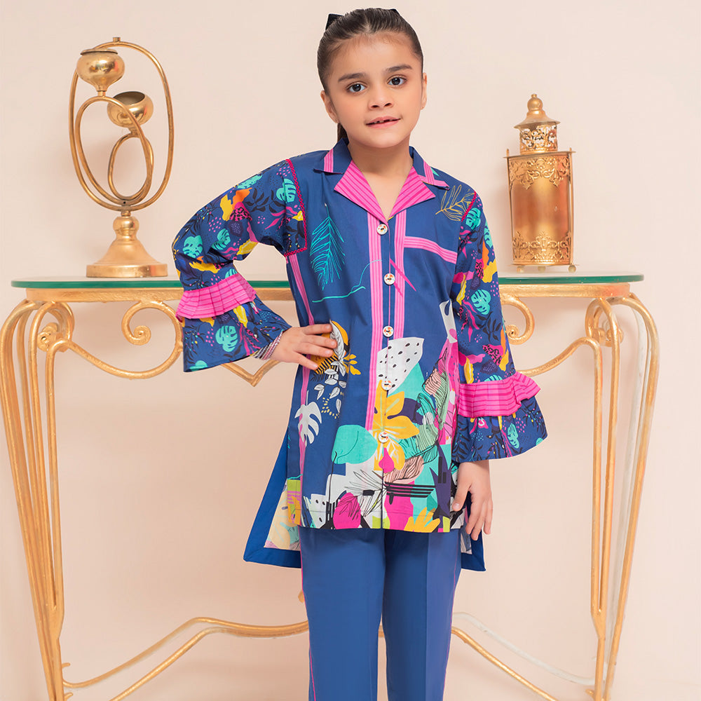Bold and Vibrant 2 Pc Blue Printed Cotton Kurta Set for Girls with Tropical Design