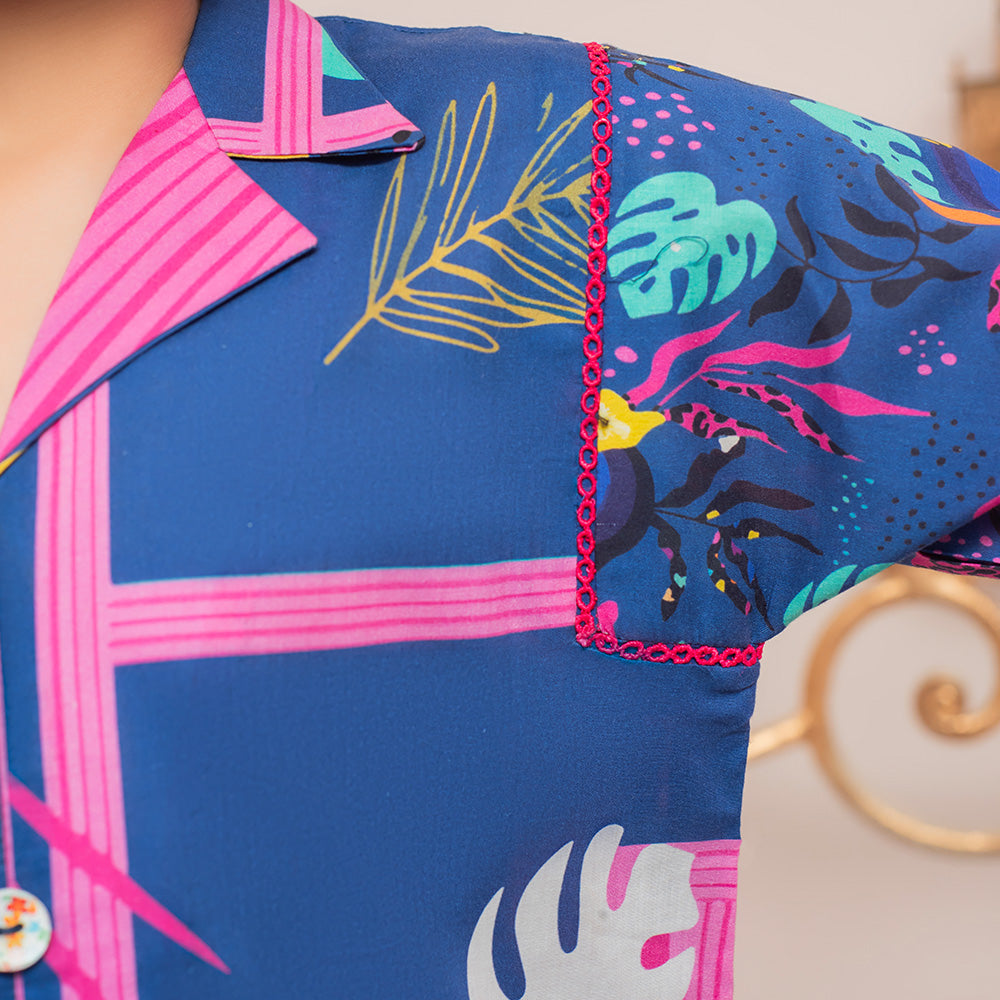 Bold and Vibrant 2 Pc Blue Printed Cotton Kurta Set for Girls with Tropical Design