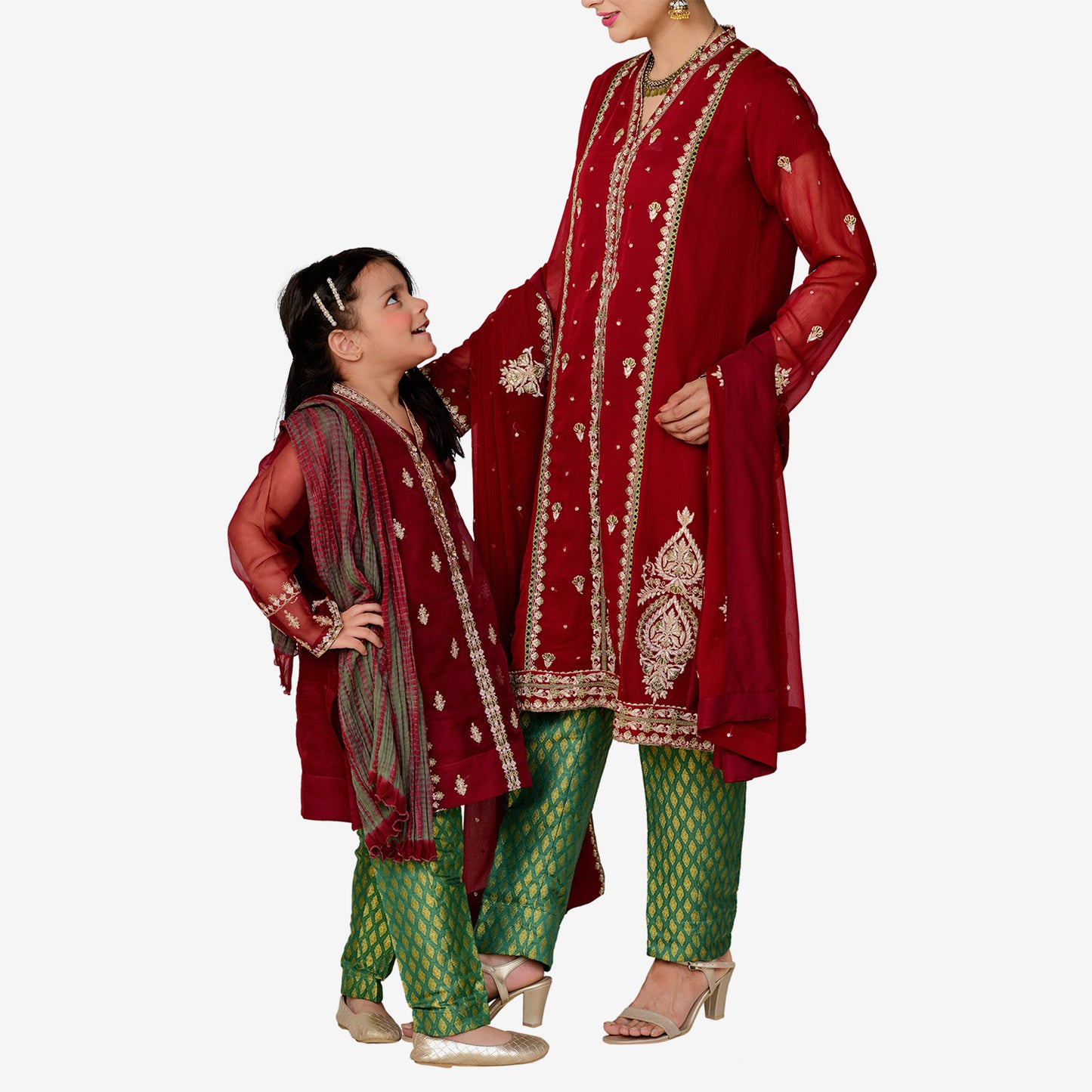 Maroon Embroidered Chiffon Outfit with Matha Patti and Jamawar Trousers