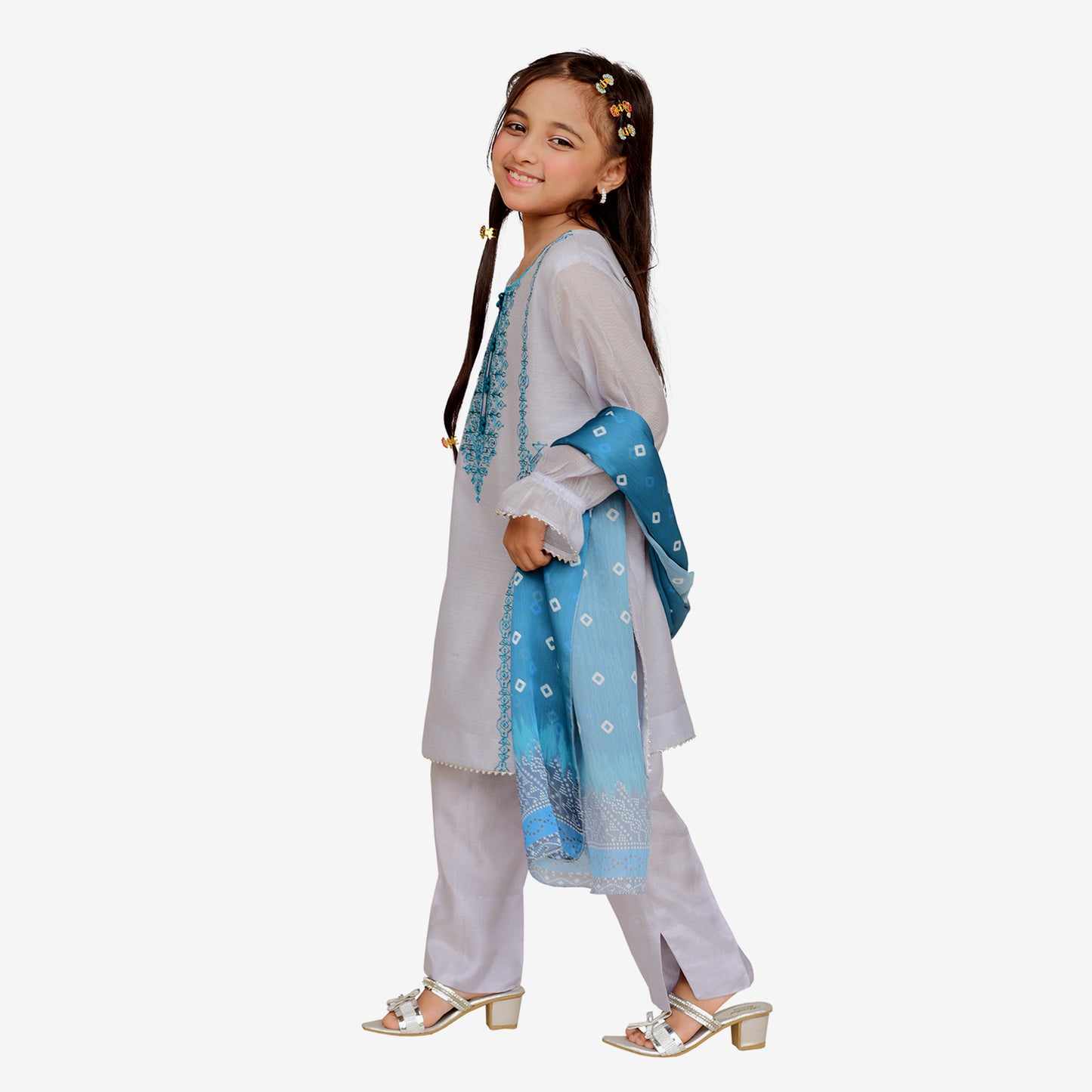 Grey Khaddi net Shirt with Digital Print Charmuse Silk Dopatta