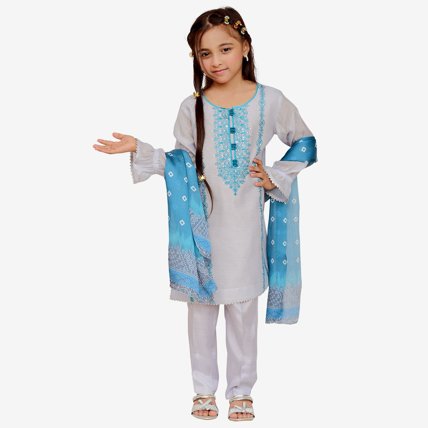 Grey Khaddi net Shirt with Digital Print Charmuse Silk Dopatta