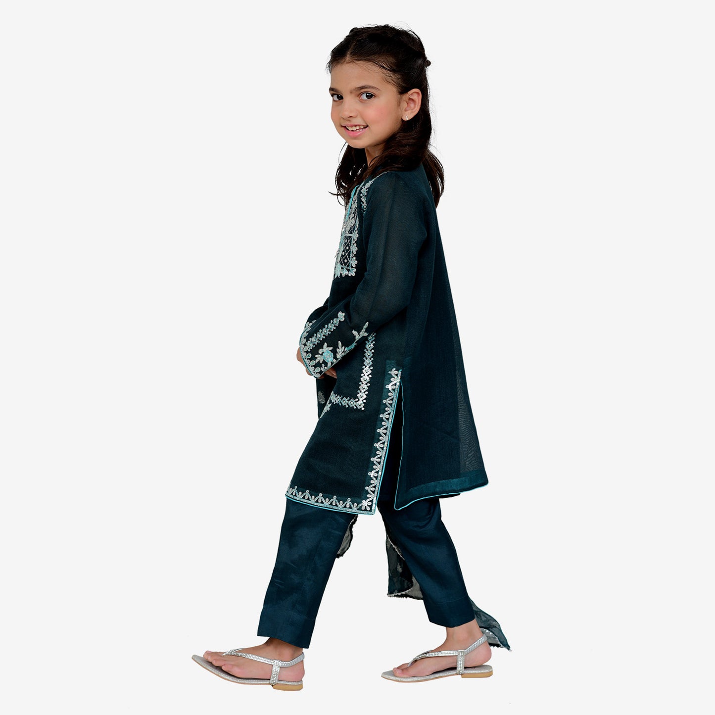Teal Green Khaddi net embroidered Shirt with same colour Jacquard dopatta