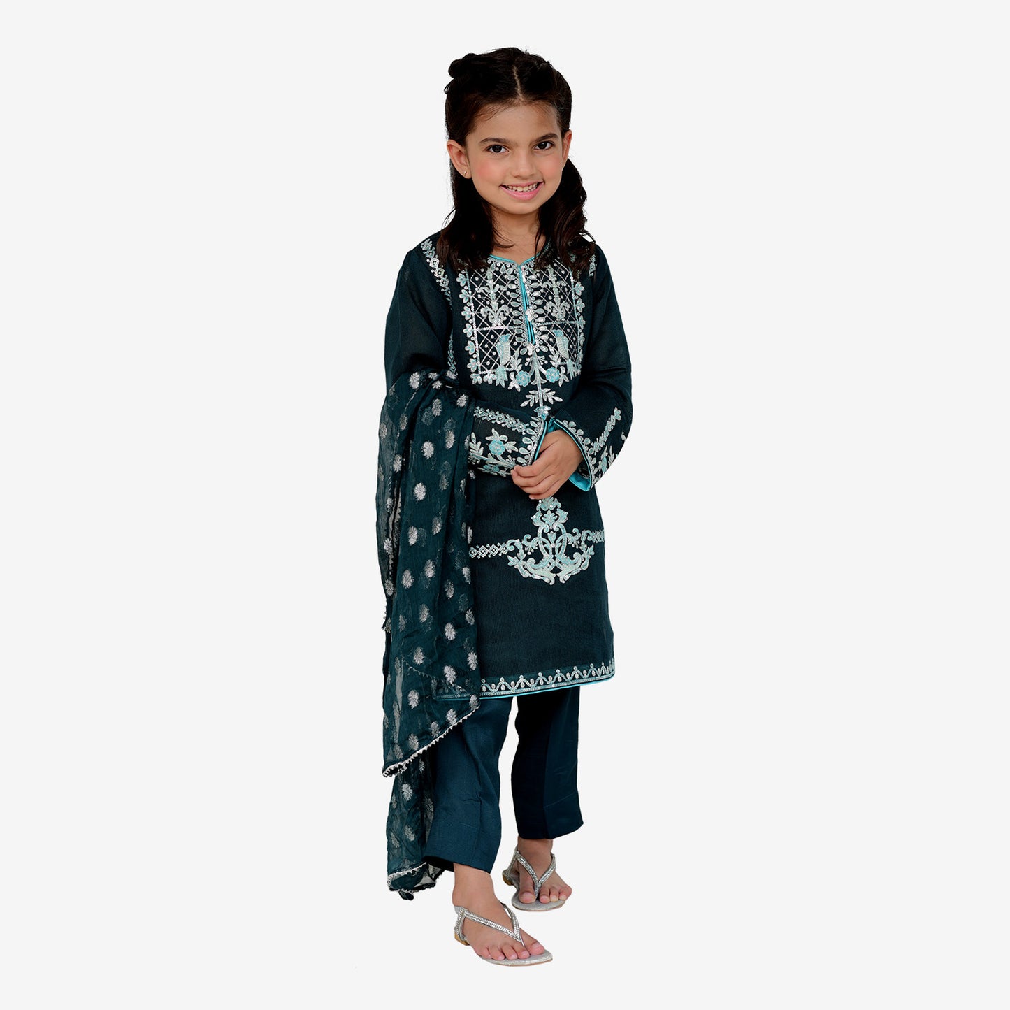 Teal Green Khaddi net embroidered Shirt with same colour Jacquard dopatta