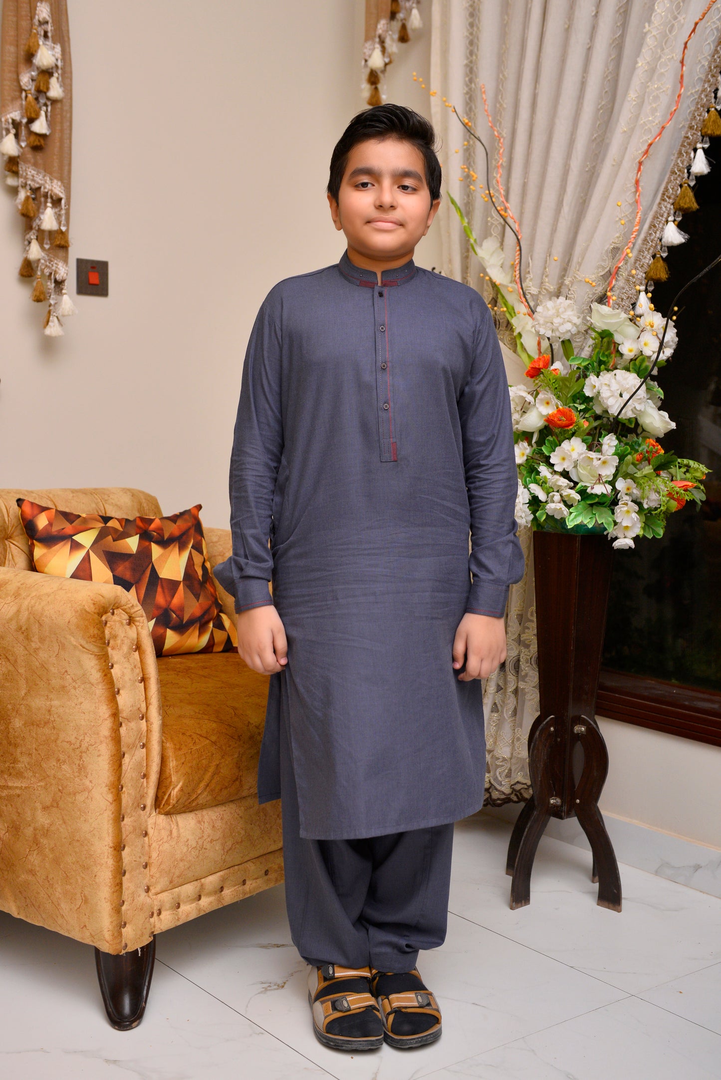 Classic Ready-to-Wear Charcoal Grey Kurta for Boys with Subtle Details