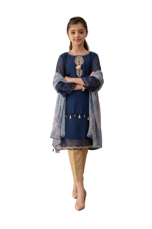 Embroidered Blue Chiffon (FFG-025)
