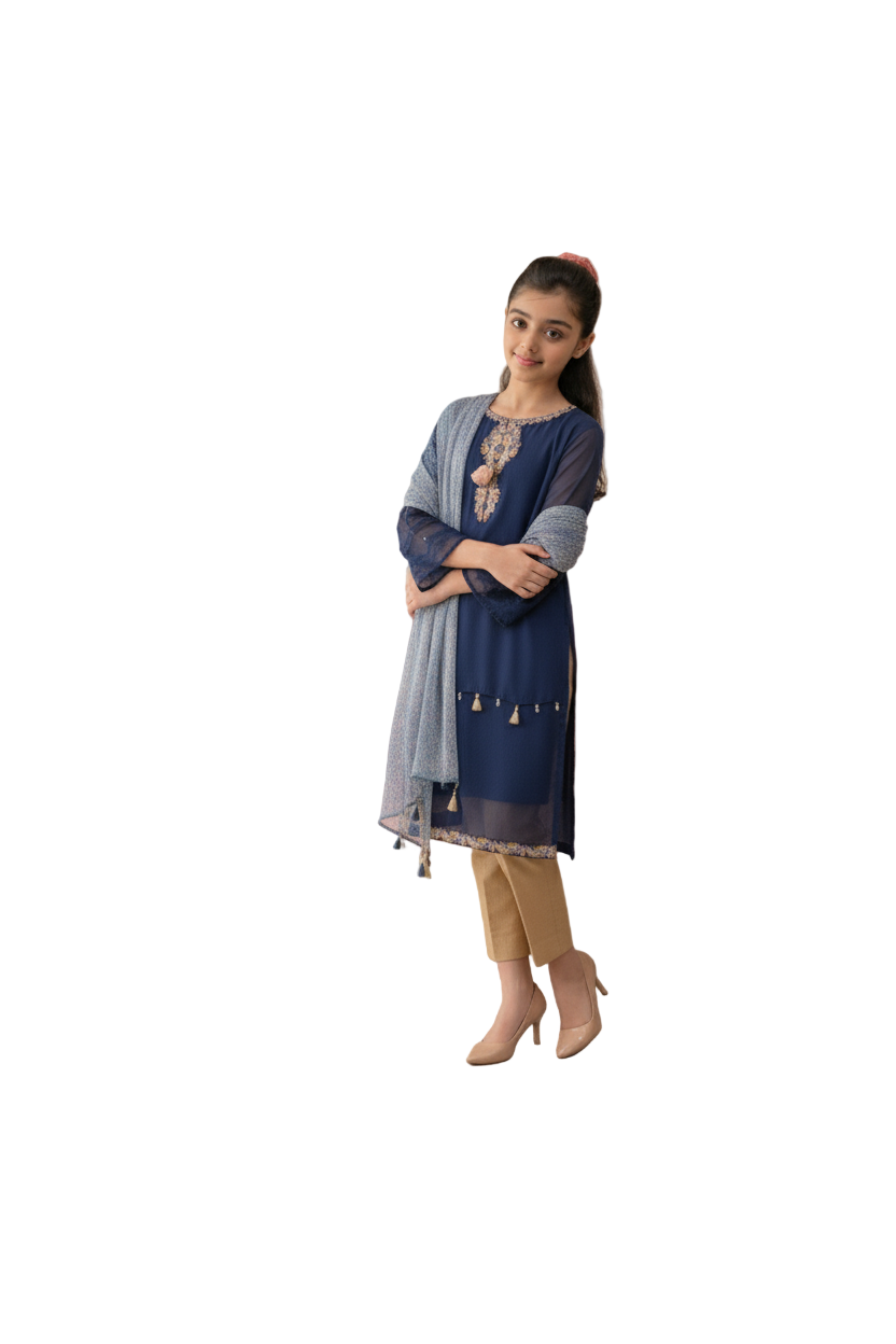 Embroidered Blue Chiffon (FFG-025)