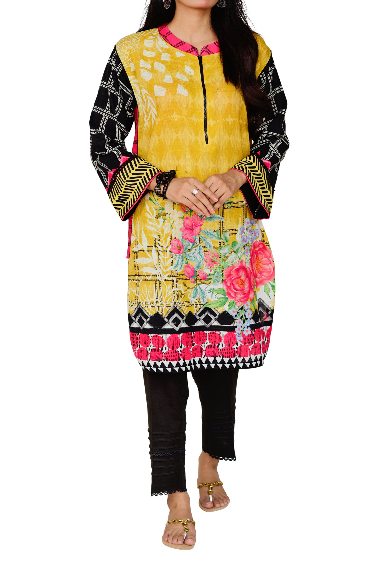 Digital Printed Khadder Yellow and Black Grid 2pc