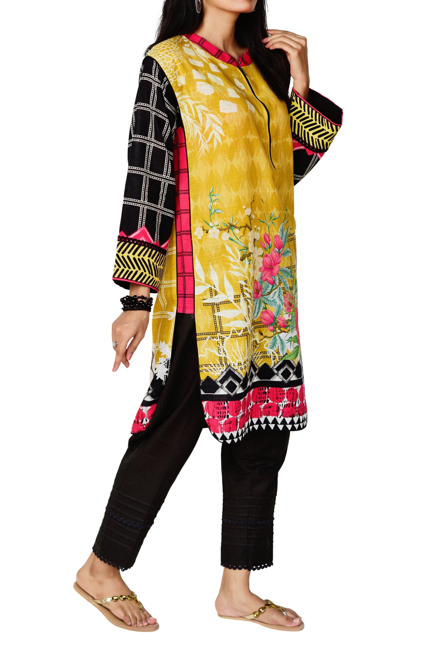 Digital Printed Khadder Yellow and Black Grid 2pc