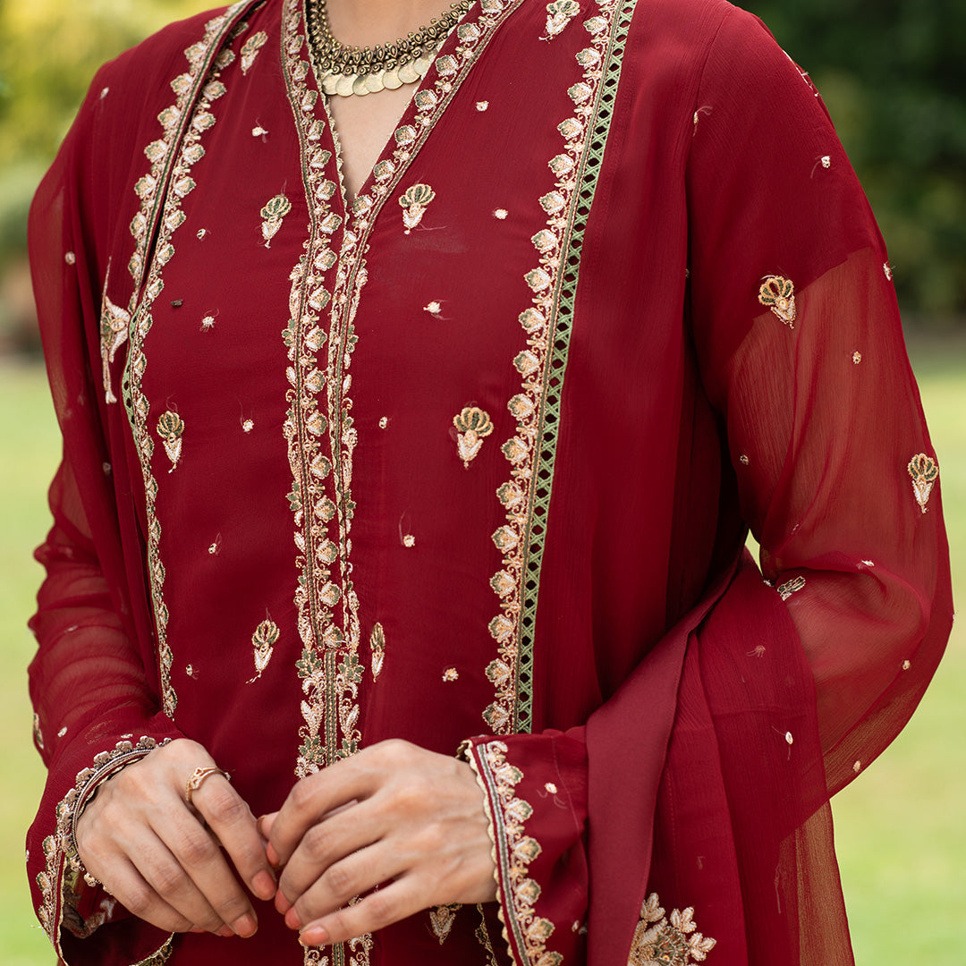 Maroon Embroidered Chiffon Outfit with Matha Patti and Jamawar Trousers