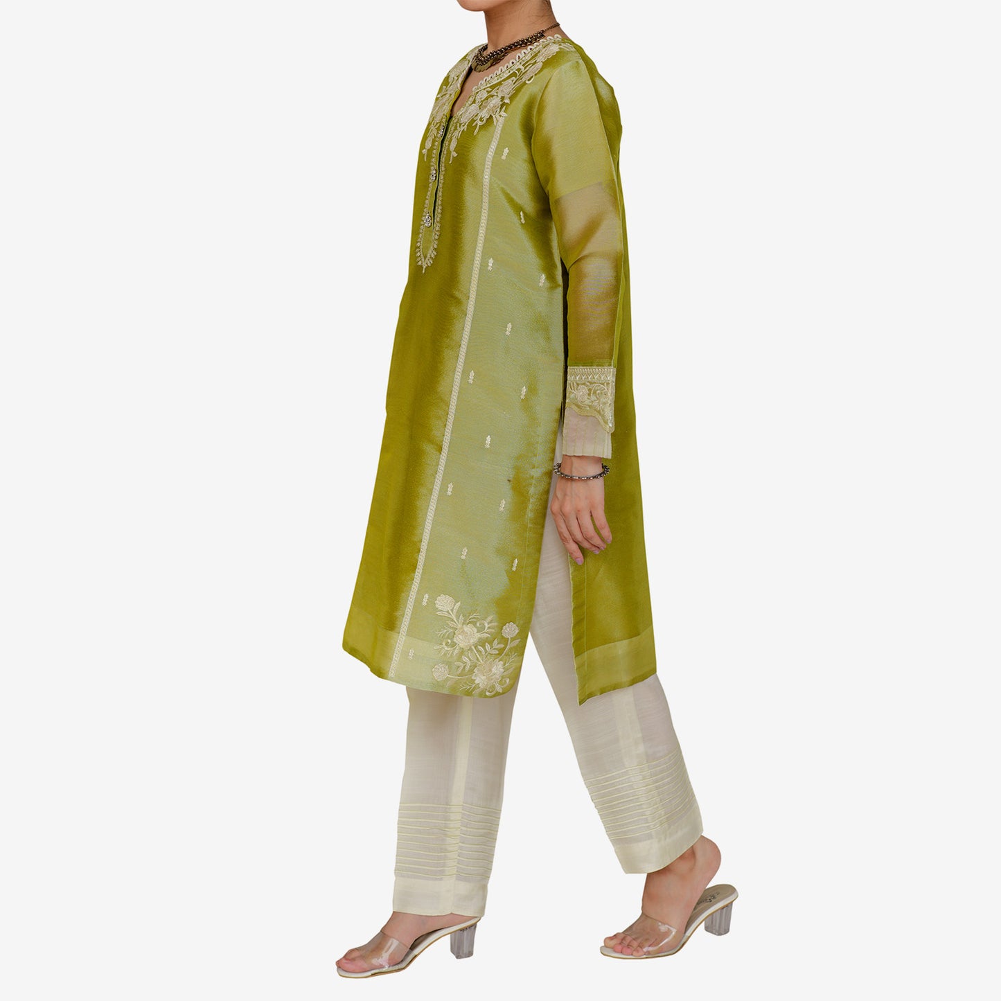 Embroidered Lame' Tissue Shirt and Digitally Printed Silk Dopatta and Contrast Raw silk Trouser