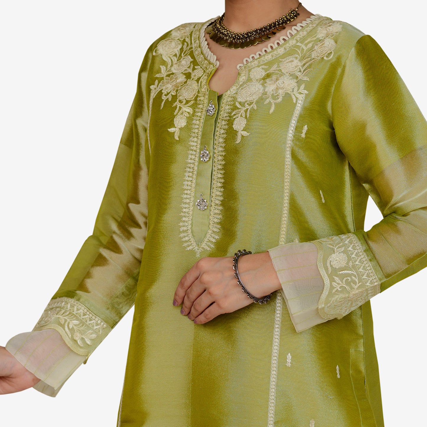 Embroidered Lame' Tissue Shirt and Digitally Printed Silk Dopatta and Contrast Raw silk Trouser