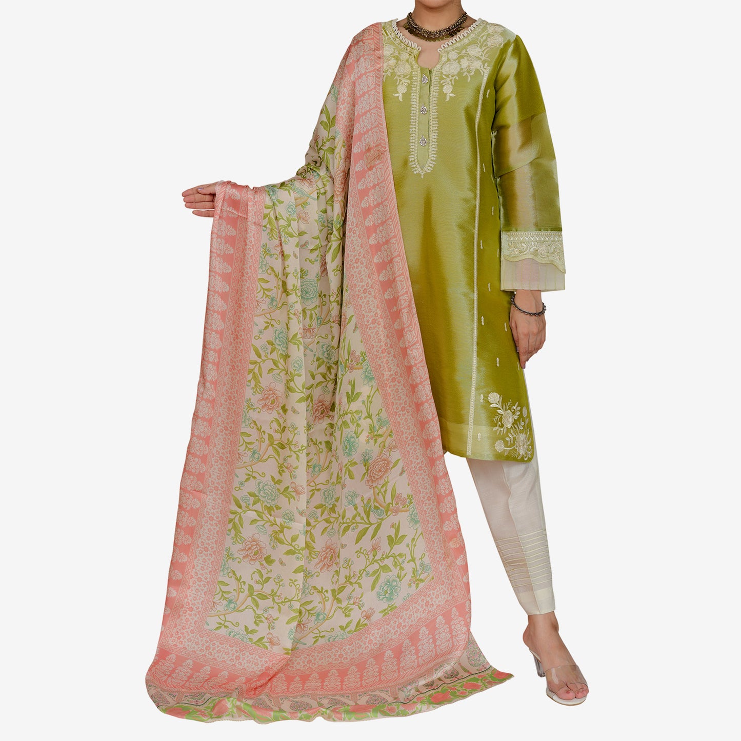 Embroidered Lame' Tissue Shirt and Digitally Printed Silk Dopatta and Contrast Raw silk Trouser