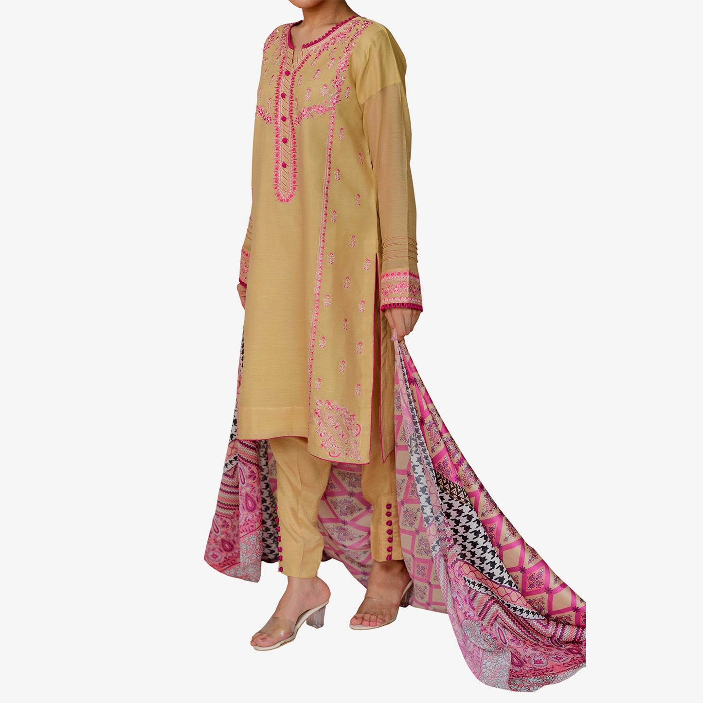 Embroidered & Embellished Khaddi Net Shirt with Digitally Printed Silk Dopatta and Silk Trouser