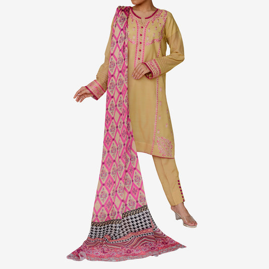 Embroidered & Embellished Khaddi Net Shirt with Digitally Printed Silk Dopatta and Silk Trouser
