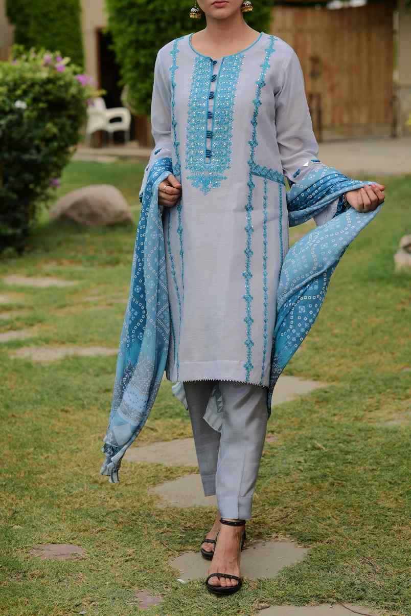 Embroidered Khaddi Net with Digitally Printed Silk Doppata