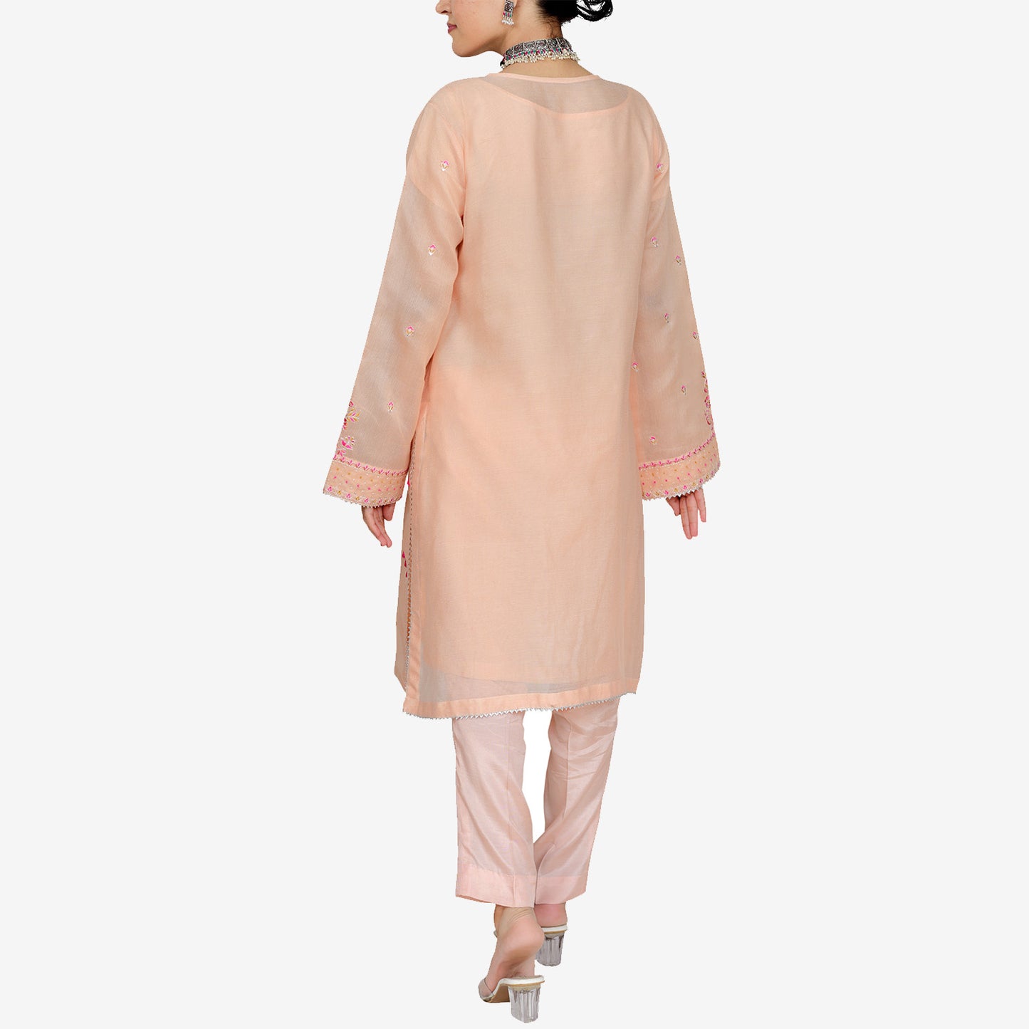 Embriodred Khaddi Net Shirt with Charmuse Silk Digitally Printed Duppata and Rawsilk Trouser