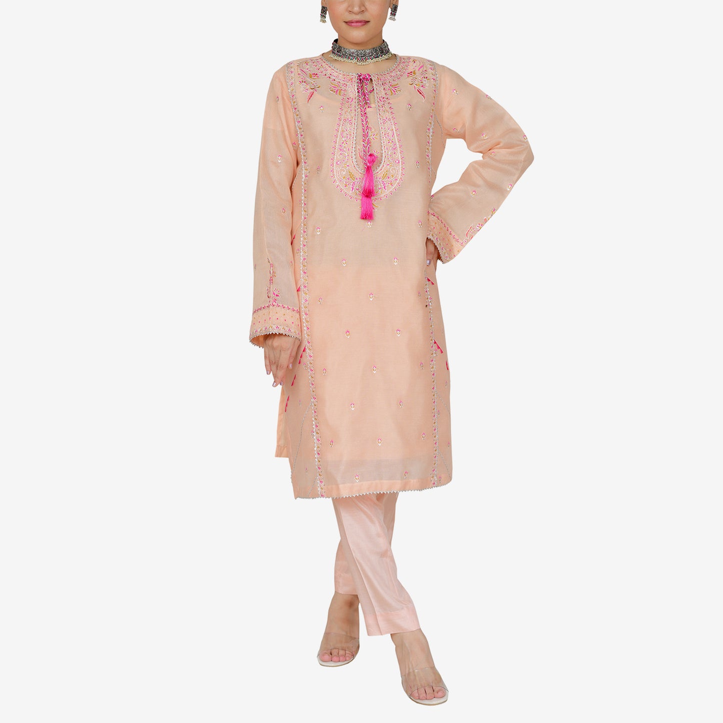 Embriodred Khaddi Net Shirt with Charmuse Silk Digitally Printed Duppata and Rawsilk Trouser