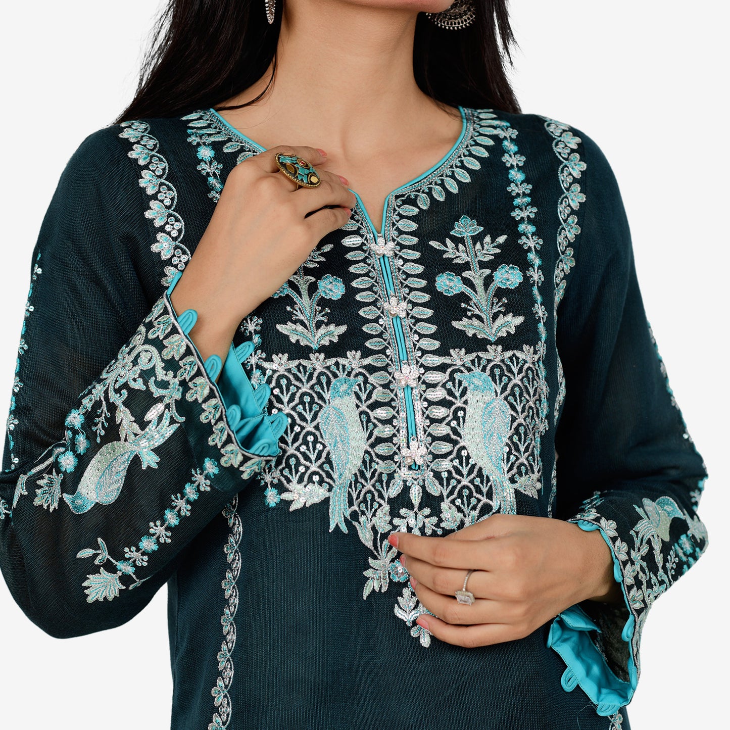 Teal Green Khaddi Net with Jacquard Chiffon Dupatta