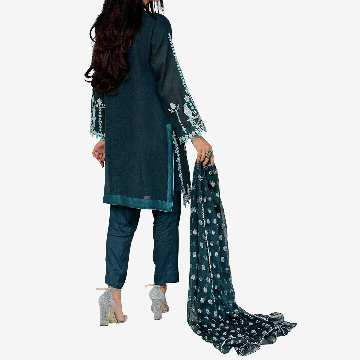 Teal Green Khaddi Net with Jacquard Chiffon Dupatta