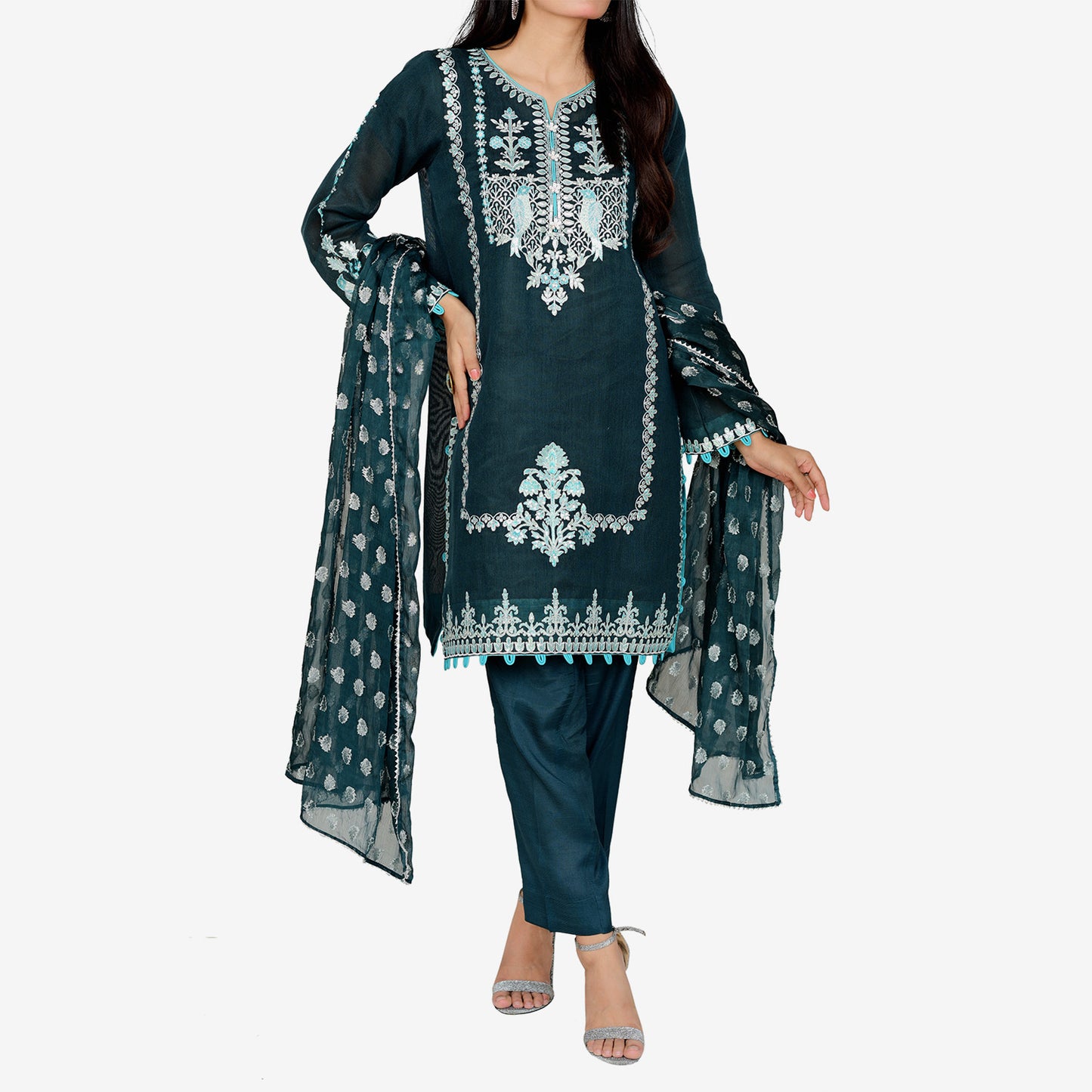 Teal Green Khaddi Net with Jacquard Chiffon Dupatta