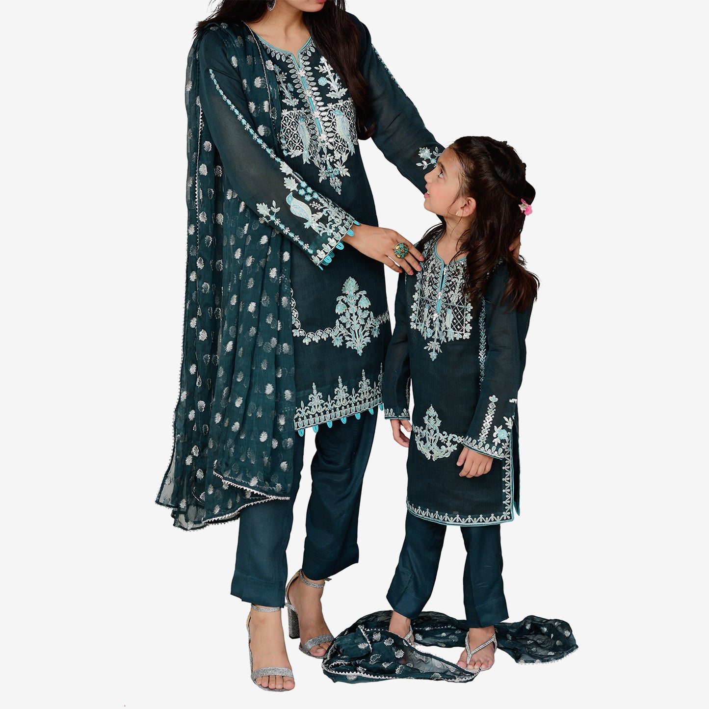 Teal Green Khaddi Net with Jacquard Chiffon Dupatta
