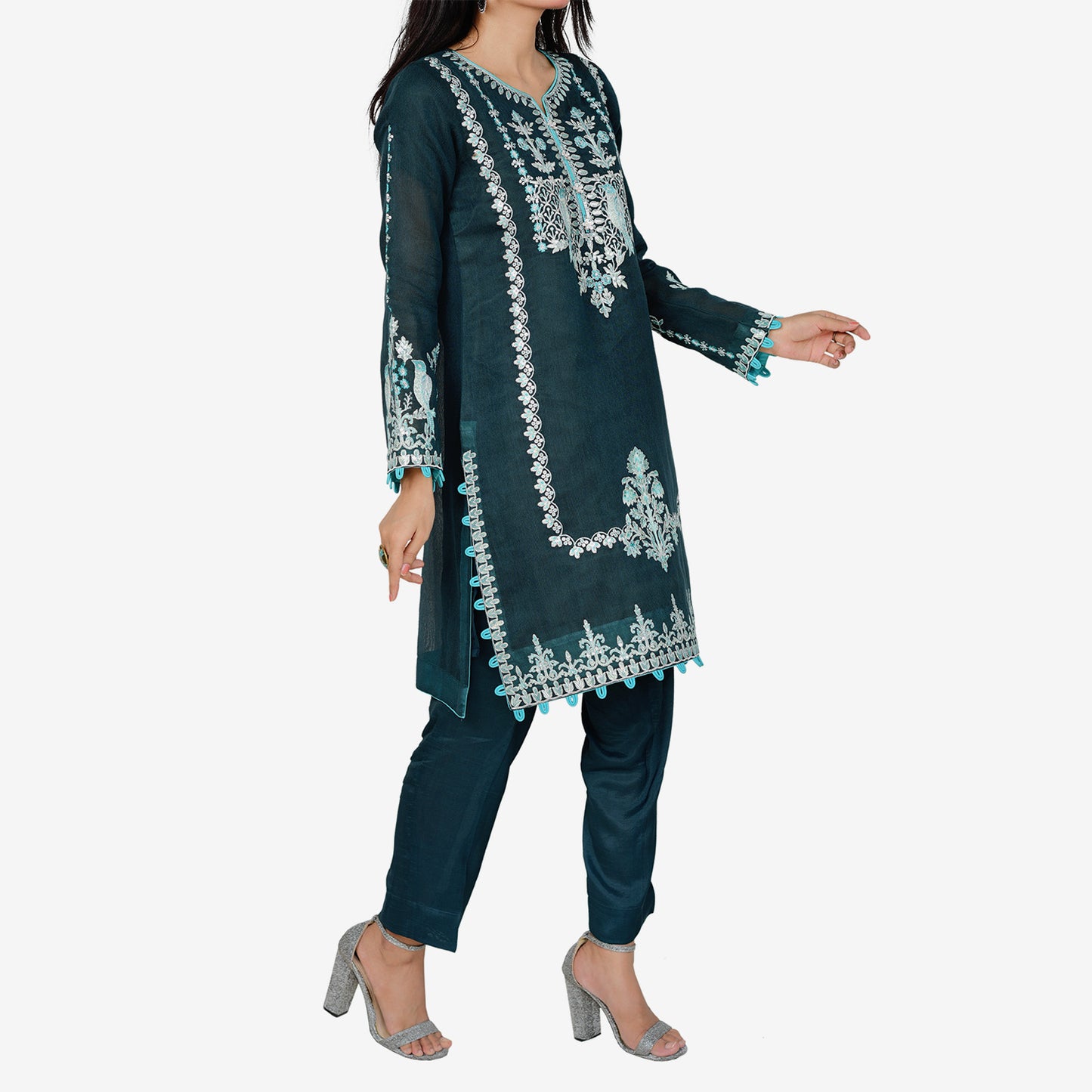 Teal Green Khaddi Net with Jacquard Chiffon Dupatta