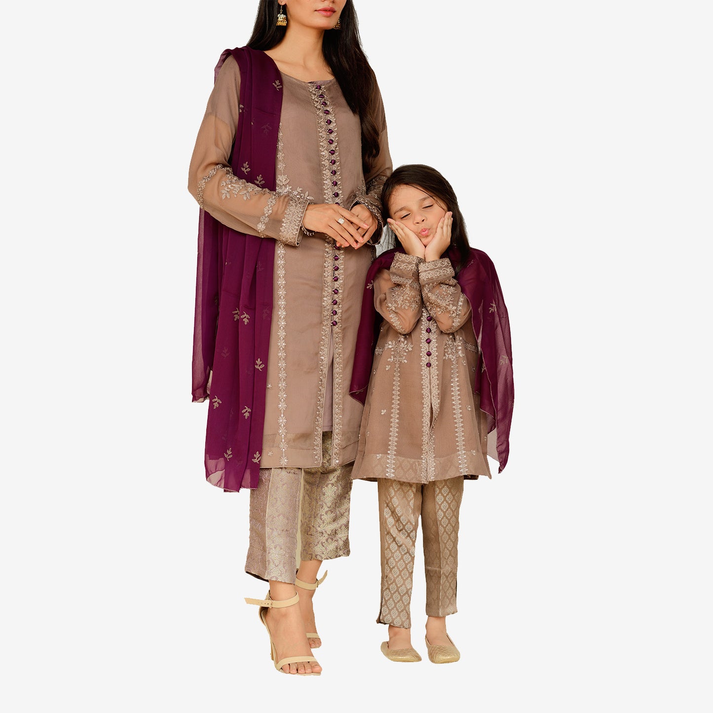 Embroidered Brown Chiffon Shirt with Contrast Screen Printed Dopatta and Jamawar Shalwar