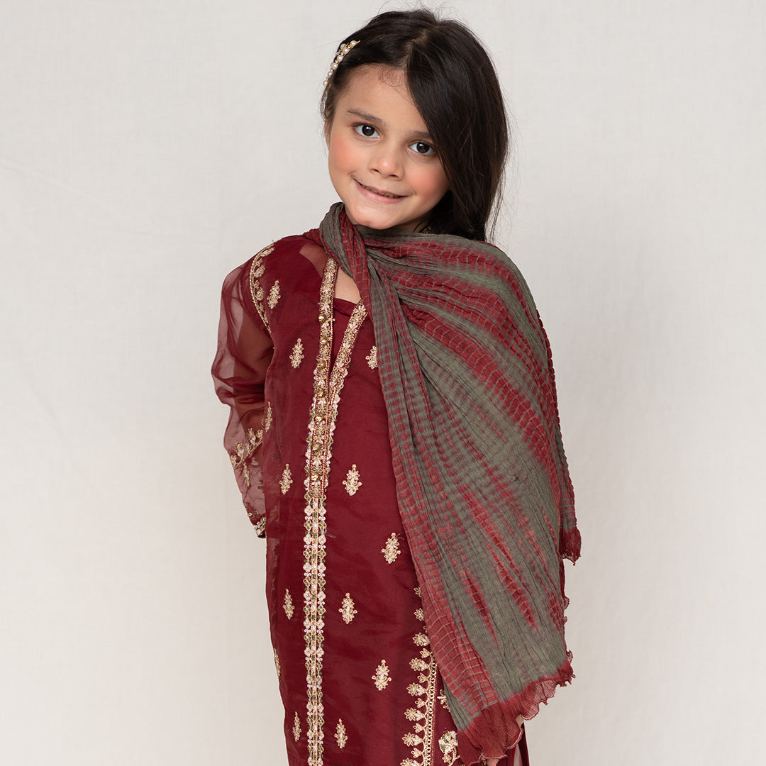 Mehroon Organza Shirt Embriodred & Duppata Tie & Die