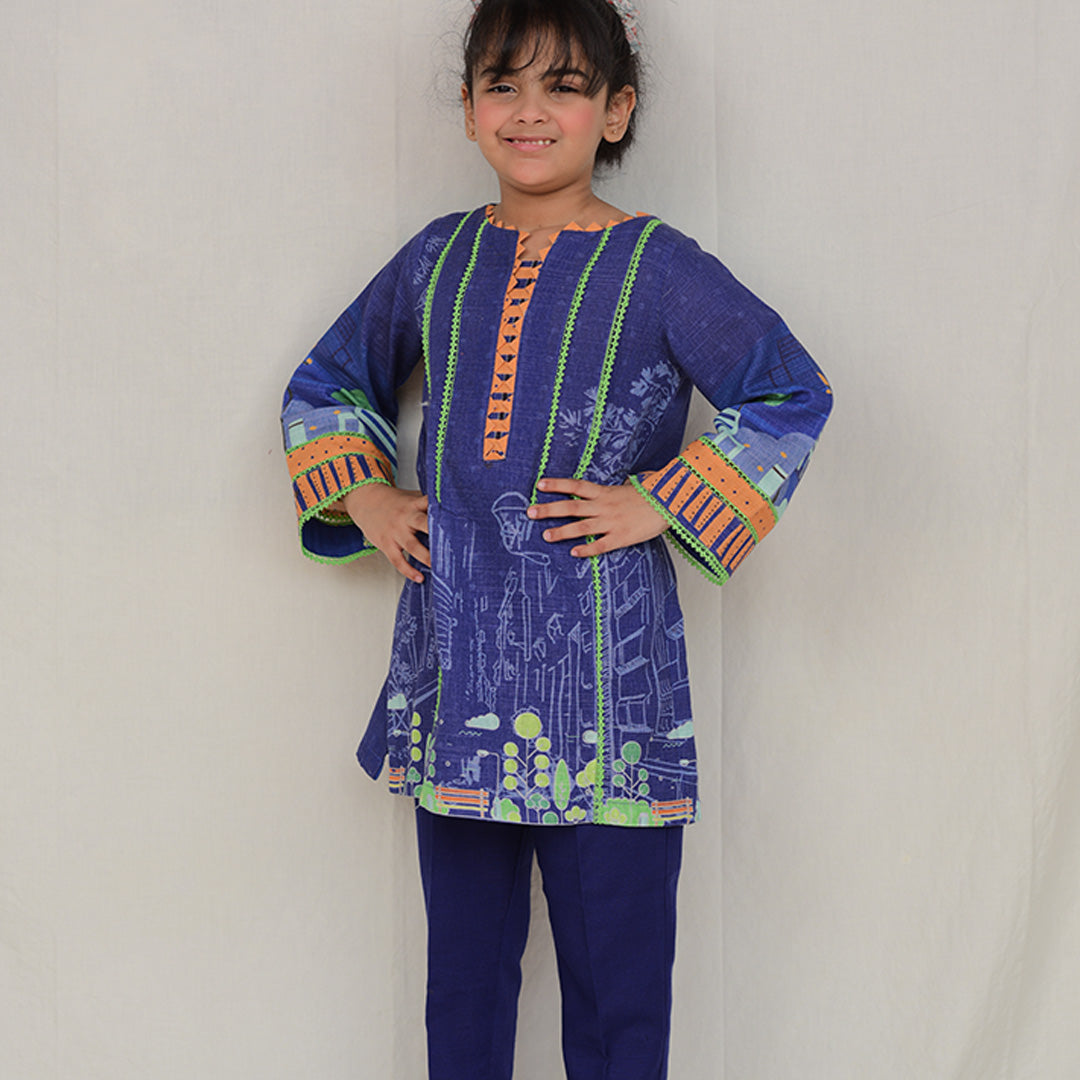 Digital Printed Khadder Blue-city Kurti 2pcs