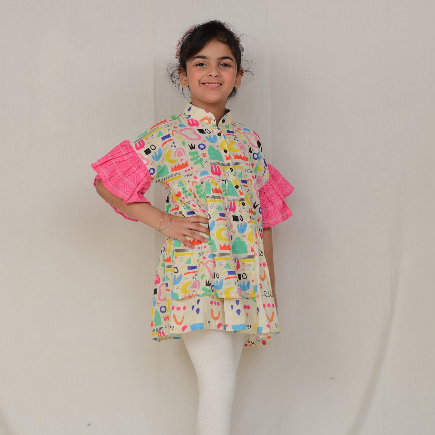 2 Pc Colorful Printed KurtI for Girls - Pink Sleeves and White Leggings (FCG-042)