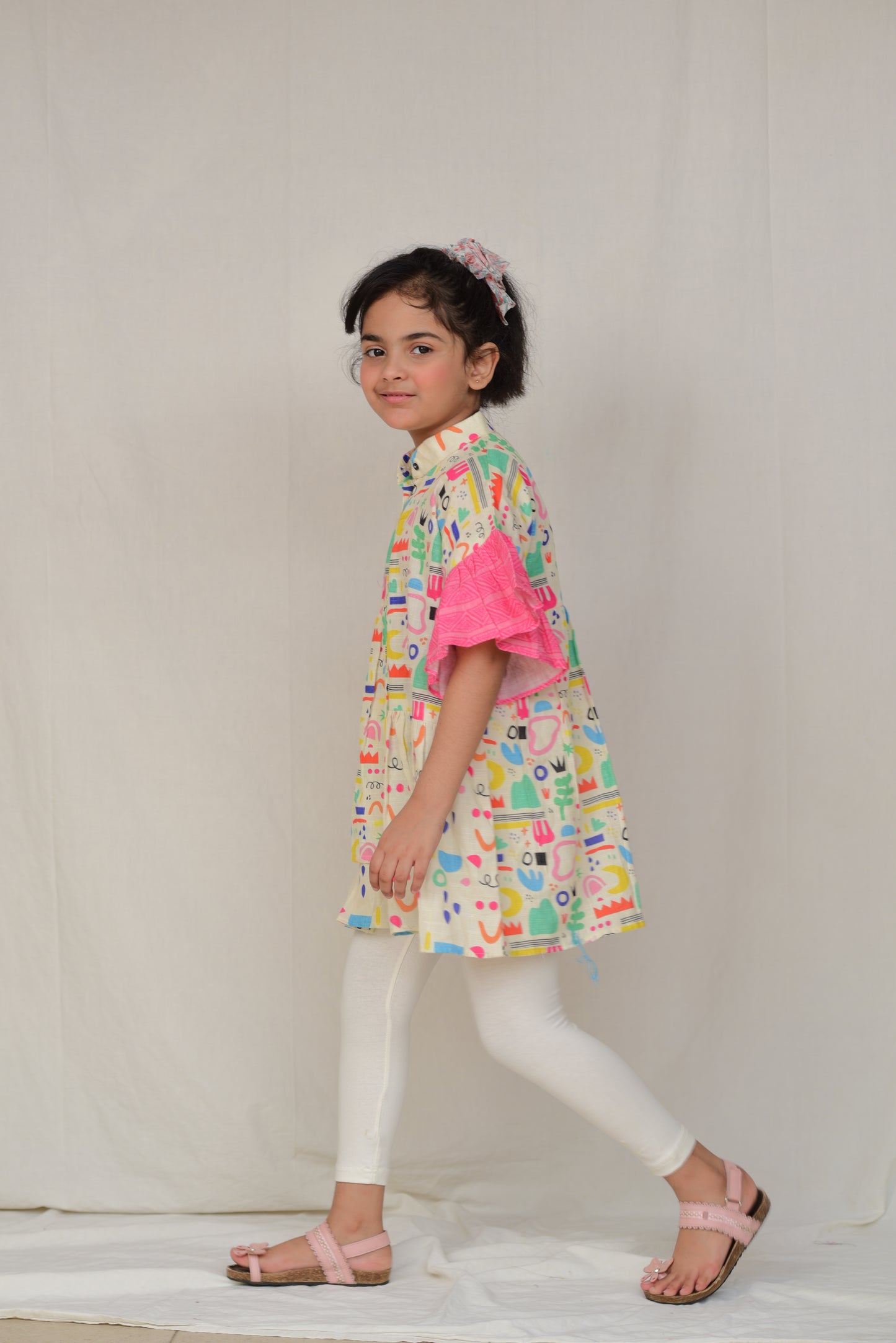 2 Pc Colorful Printed KurtI for Girls - Pink Sleeves and White Leggings (FCG-042)