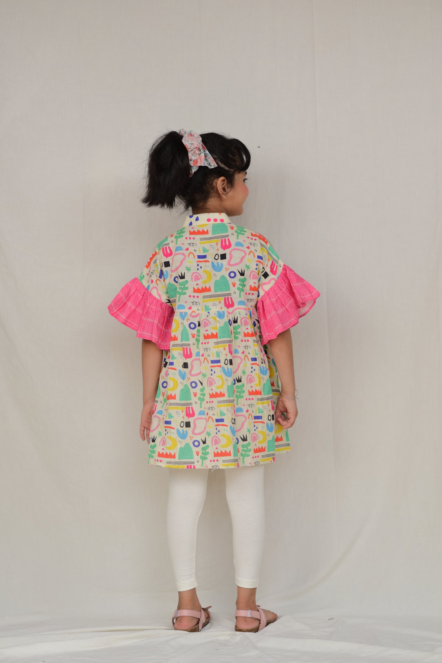 2 Pc Colorful Printed KurtI for Girls - Pink Sleeves and White Leggings (FCG-042)