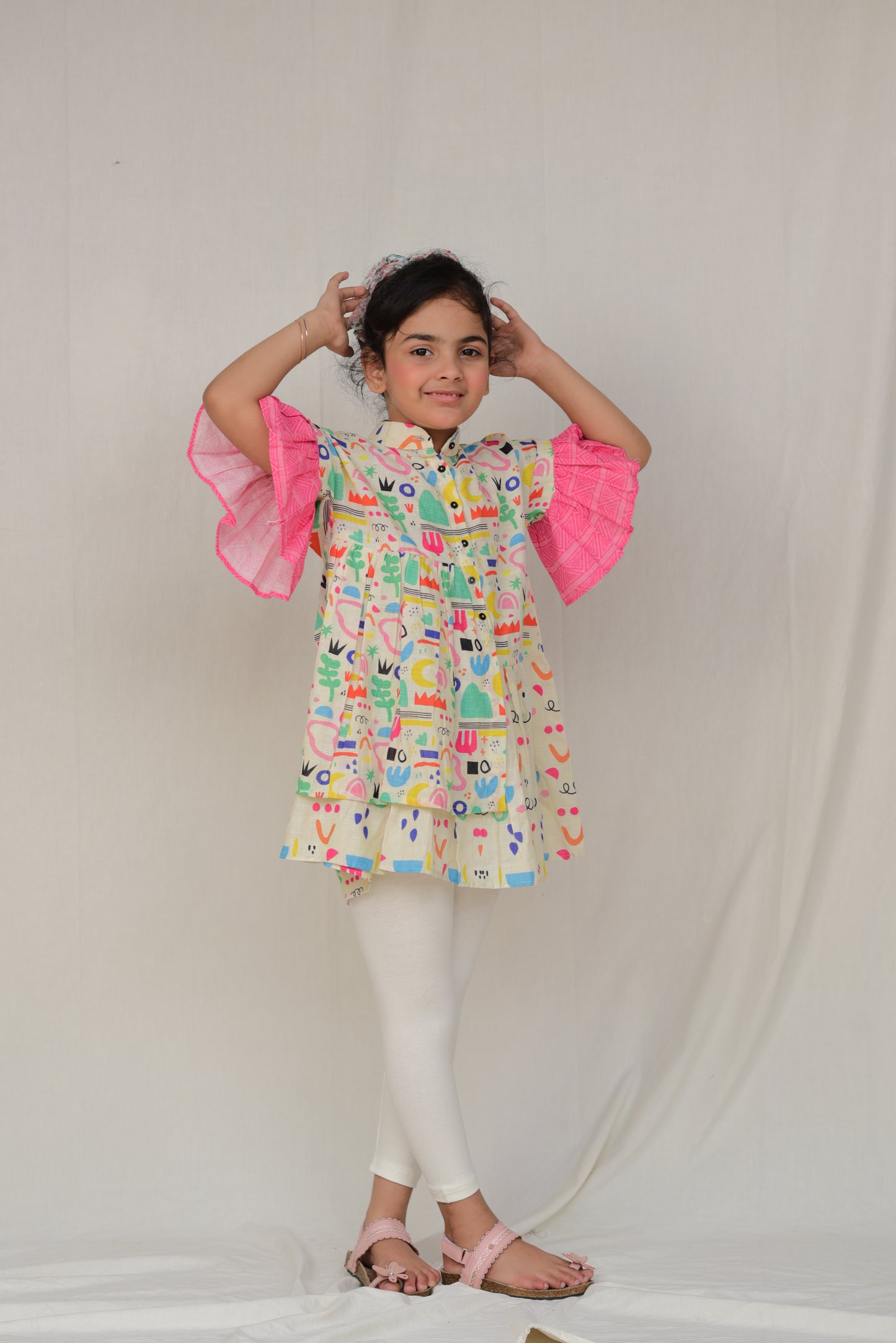 2 Pc Colorful Printed KurtI for Girls - Pink Sleeves and White Leggings (FCG-042)