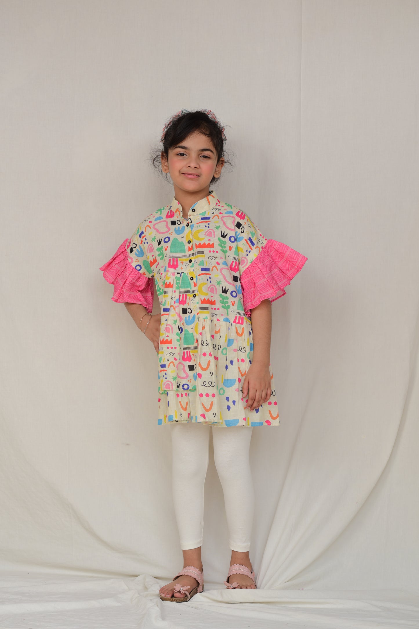 2 Pc Colorful Printed KurtI for Girls - Pink Sleeves and White Leggings (FCG-042)