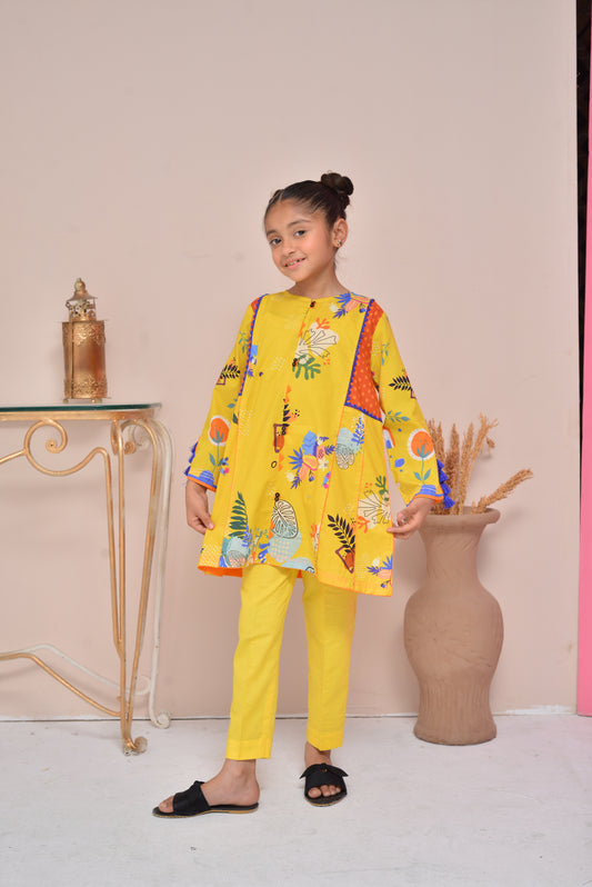 Yellow Cambric Printed Suit - (FCG-049)