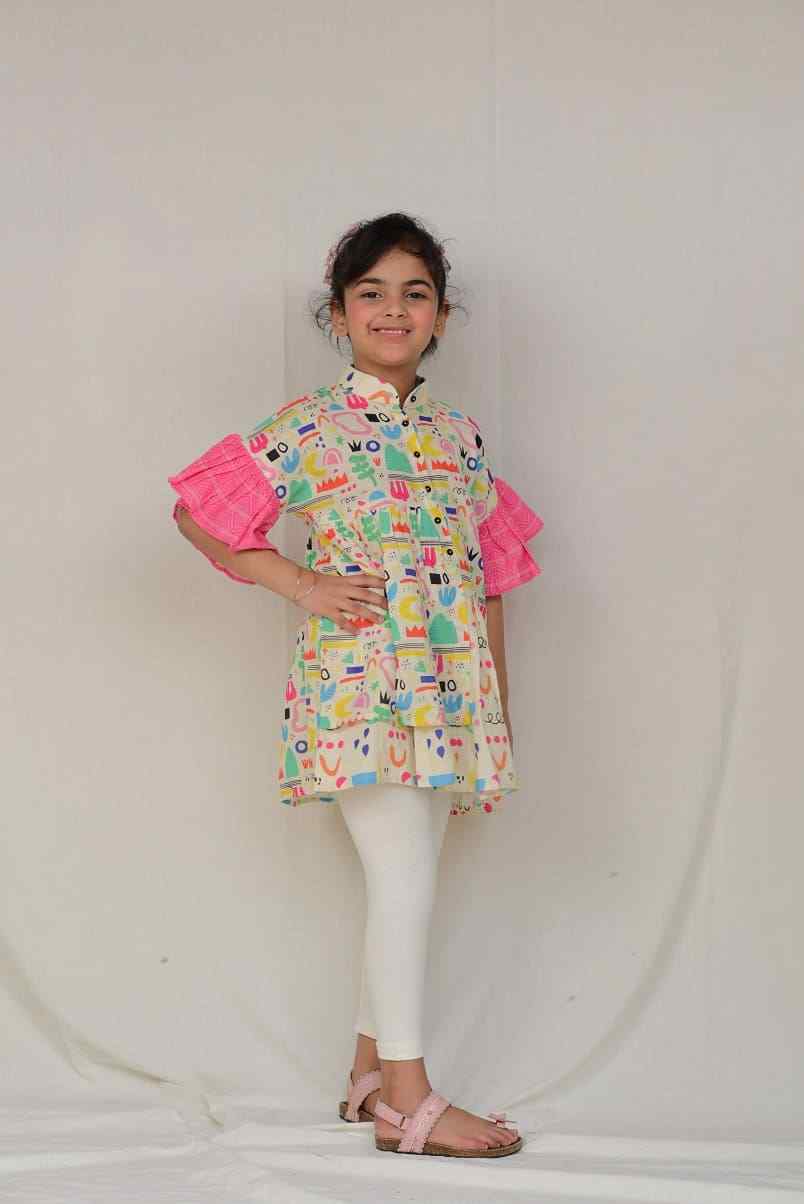 2 Pc Colorful Printed KurtI for Girls - Pink Sleeves and White Leggings (FCG-042)