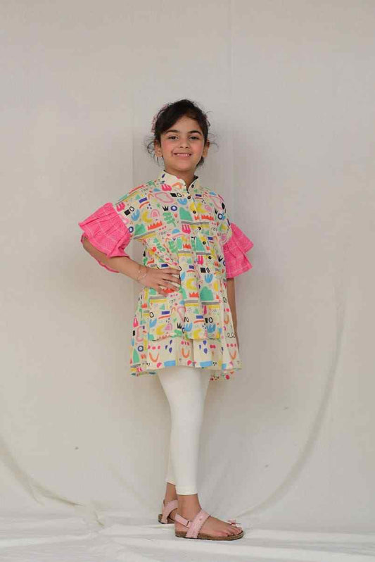 2 Pc Colorful Printed KurtI for Girls - Pink Sleeves and White Leggings (FCG-042)