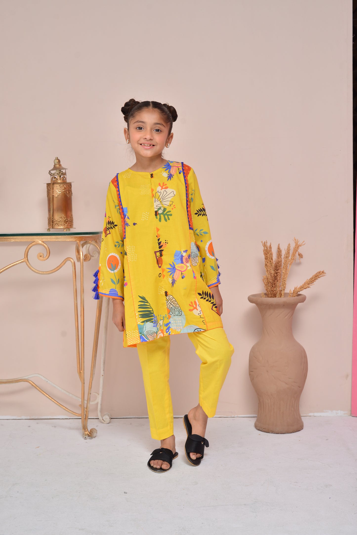 Yellow Cambric Printed Suit - (FCG-049)
