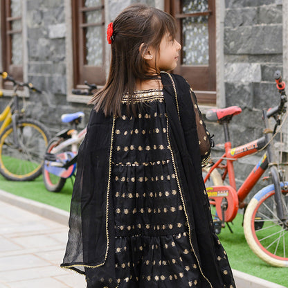 Stunning Black Ethnic Dress for Girls with Gold Embroidery and Dupatta Ready to Wear (FFG - 001)